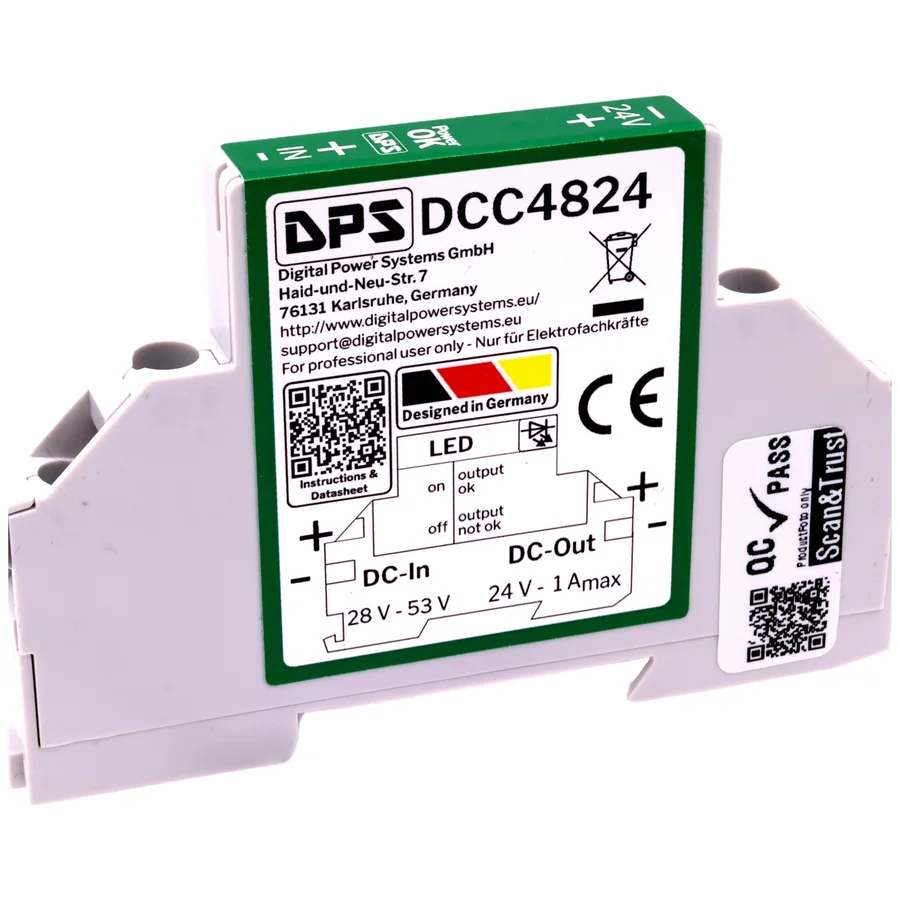 DCC4824 ultra-slim 48V to 24V DC-DC converter on DIN rail