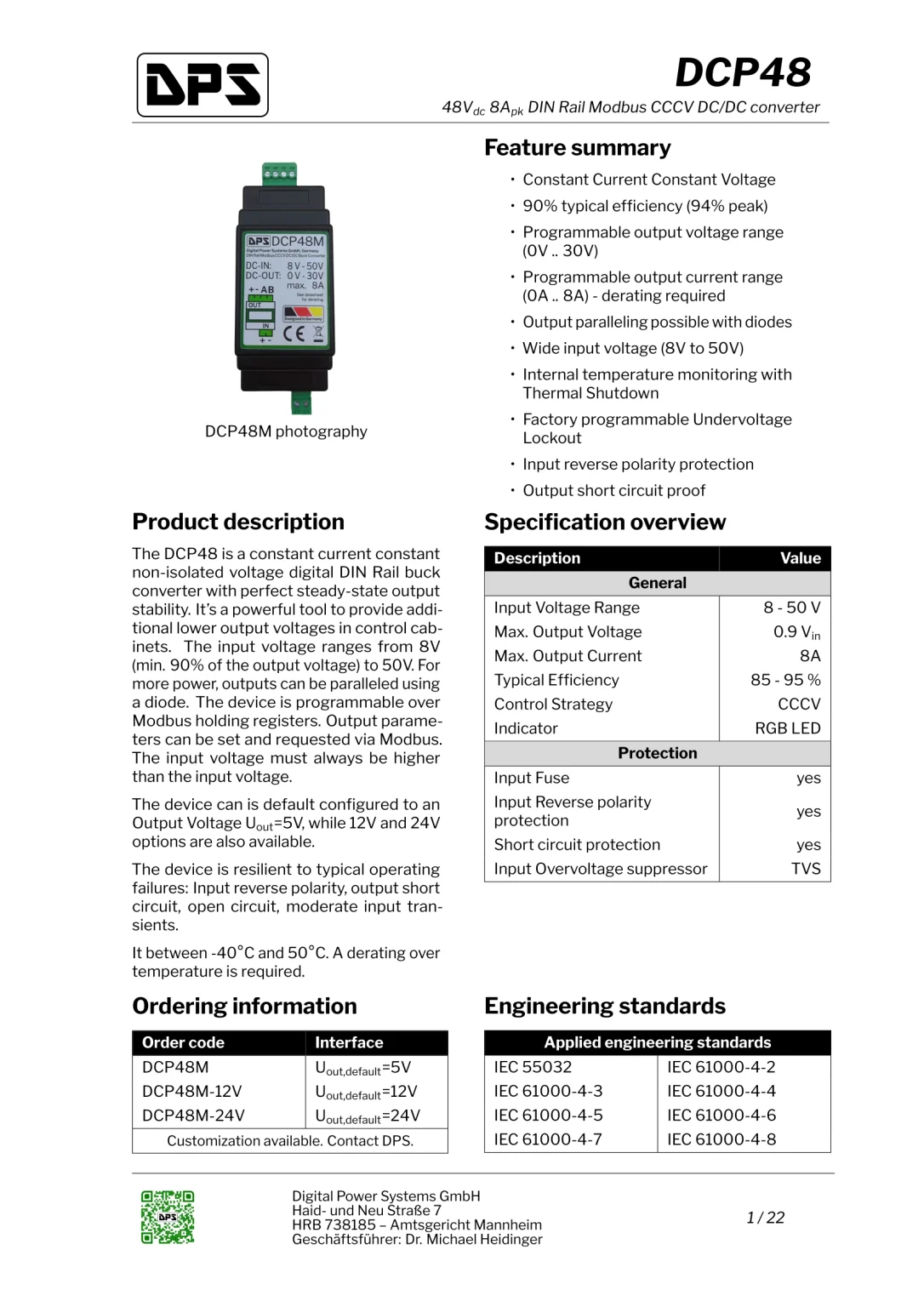 DCP48M: 48V 8A DIN Rail Modbus CCCV DC/DC converter